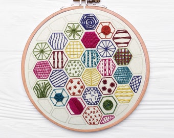 Hexagon Sampler, Pre Printed Fabric Panel PLUS PDF Pattern, Beginner Hand embroidery Project, Learn 20 Hand Embroidery Stitches
