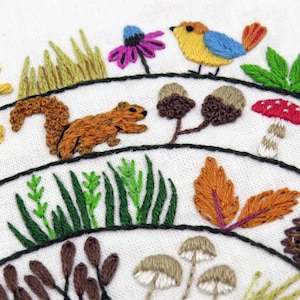Round & Round the Woodland hand embroidery kit, embroidery fabric, embroidery thread.

Stitch a delightful woodland with birds, woodland creatures, grasses, flowers, mushrooms, berries and leaves! All in a wonderful and whimsical spiral design.
