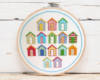 Hand Embroidery Pattern, Beach Huts, pre printed embroidery fabric, PDF embroidery pattern, beach pattern, modern embroidery pattern