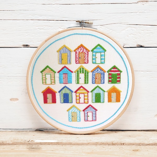 Hand Embroidery Pattern, Beach Huts, pre printed embroidery fabric, PDF embroidery pattern, beach pattern, modern embroidery pattern