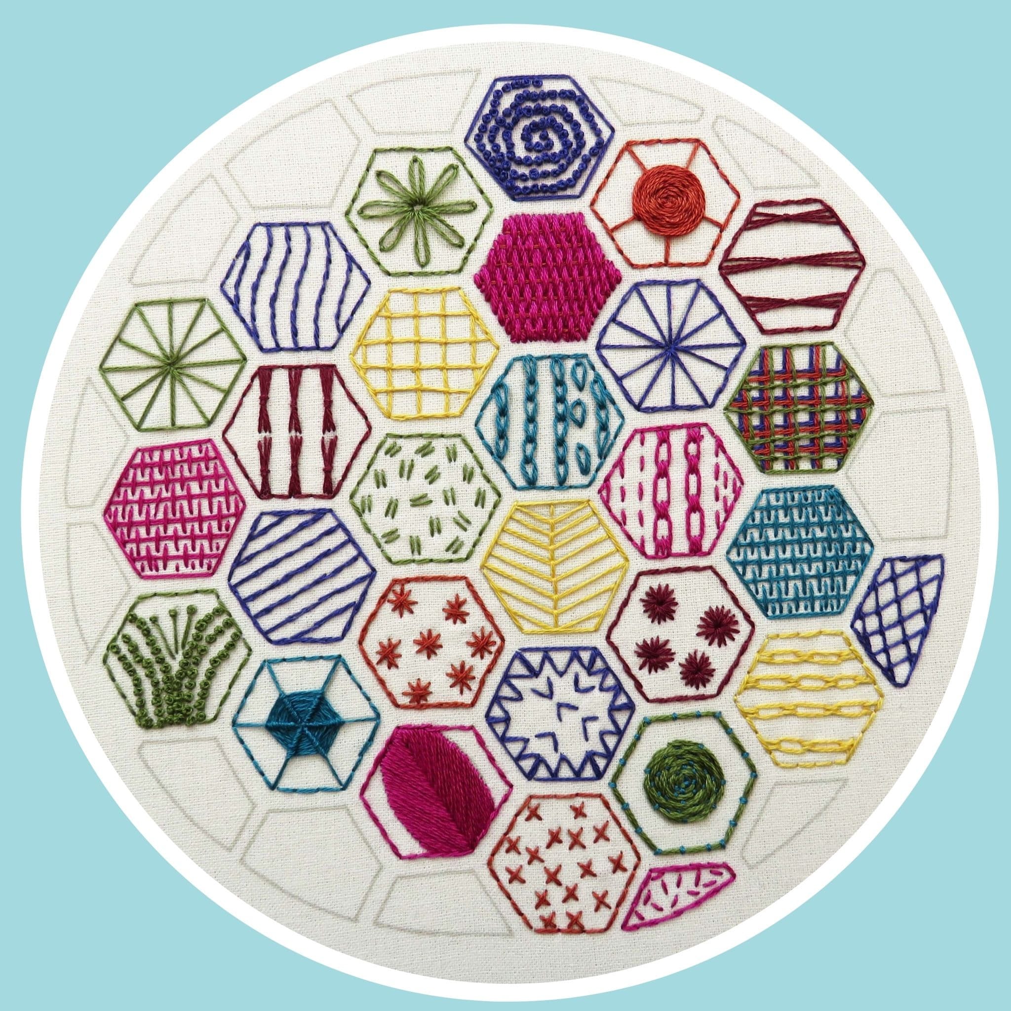 Hand Embroidery Pattern, Hexagon Sampler, PDF Embroidery