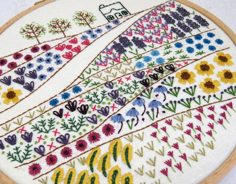 Flower Meadow Cottage hand embroidery needlework pattern
