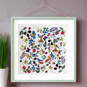 Birds, bugs and Berries hand embroidery Kit, Pre printed embroidery fabric, hand embroidery thread