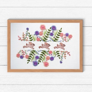Spring Rabbits hand embroidery Kit, Pre printed embroidery fabric, hand embroidery kit with supplies, nature embroidery, beginner
