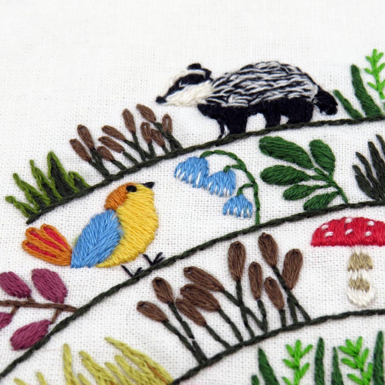 Round & Round the Woodland hand embroidery kit, embroidery fabric, embroidery thread.

Stitch a delightful woodland with birds, woodland creatures, grasses, flowers, mushrooms, berries and leaves! All in a wonderful and whimsical spiral design.