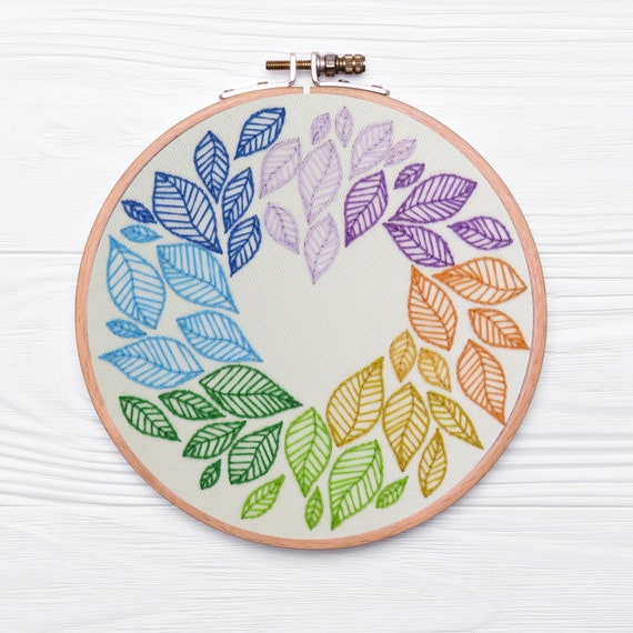 Green Leaves Mini Hoop Hand Embroidery Kit - Stitched Modern