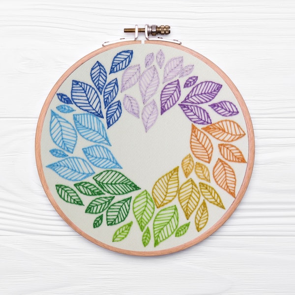 As the Leaves Turn, Pre Printed Fabric Panel PLUS PDF pattern, modern hand embroidery, beginner embroidery, embroidery hoop art