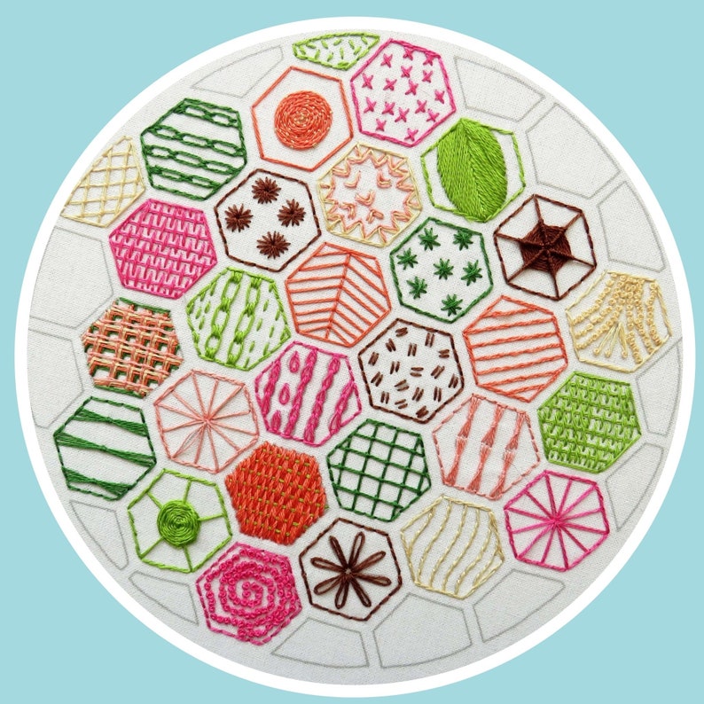 Hand embroidery pattern, Hexagon Sampler, PDF Embroidery Pattern, Embroidery Sampler, Learn 20 hand embroidery Stitches, modern embroidery Active