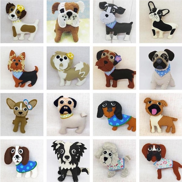 Felt Dog Pattern Book, PDF Felt Pattern, 15 modèles de couture à la main de race de chien, motif en peluche de chien, ornement en feutre, motif de broderie à la main de chien