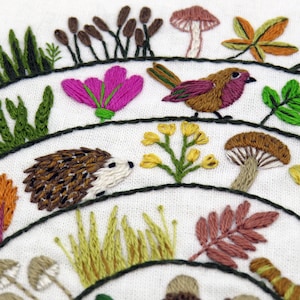 Round & Round the Woodland hand embroidery kit, embroidery fabric, embroidery thread.

Stitch a delightful woodland with birds, woodland creatures, grasses, flowers, mushrooms, berries and leaves! All in a wonderful and whimsical spiral design.