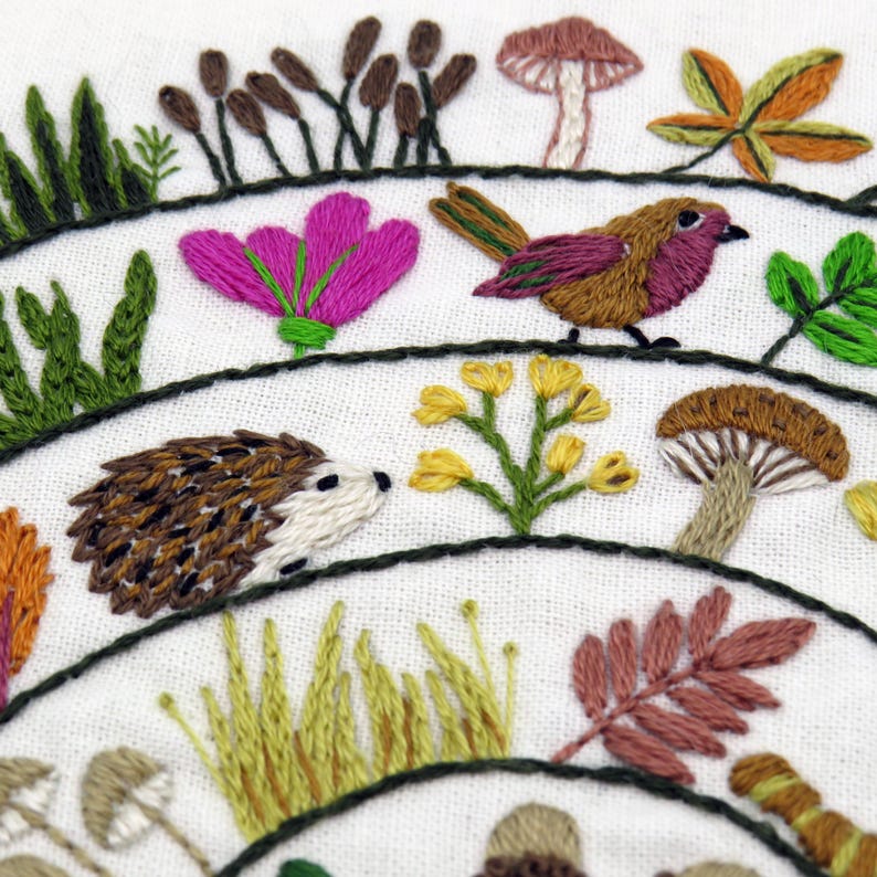 Round & Round the Woodland hand embroidery kit, embroidery fabric, embroidery thread.

Stitch a delightful woodland with birds, woodland creatures, grasses, flowers, mushrooms, berries and leaves! All in a wonderful and whimsical spiral design.