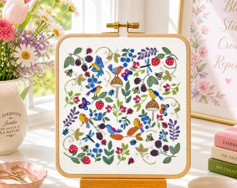 Handborduurpatroon, Birds, Bugs & Berries, pdf-borduurpatroon, borduurvoorbeeld, natuurborduurwerk, lenteborduurpatroon