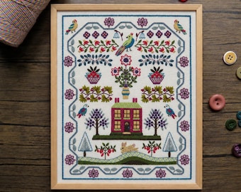 WinterBerry Cottage Hand Embroidery Kit, Victorian Sampler with Birds, Berries & Floral Motifs, Pre-Printed Fabric