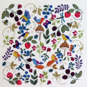 Birds, bugs and Berries hand embroidery Kit, Pre printed embroidery fabric, hand embroidery supplies, choose the kit that suits you