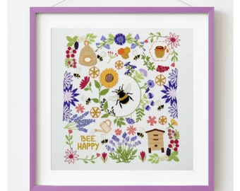 Hand embroidery pattern, Bees and Blossoms, PDF Embroidery Pattern, Embroidery Sampler, bee embroidery, summer embroidery