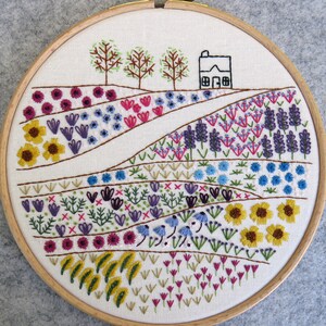 Flower Meadow Cottage hand embroidery needlework pattern