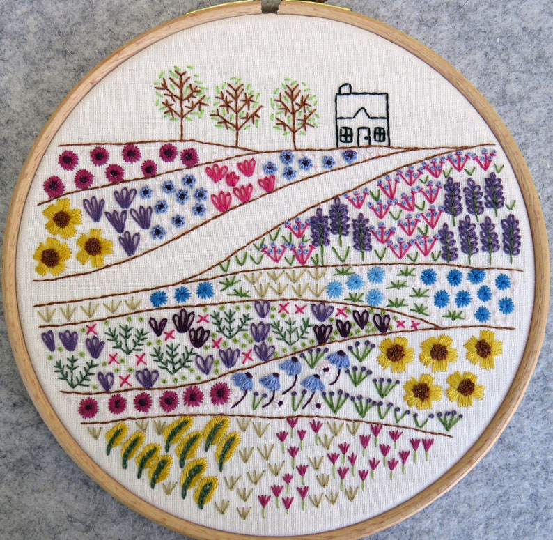Flower Meadow Cottage hand embroidery needlework pattern