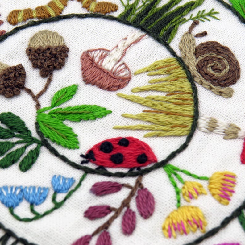 Round & Round the Woodland hand embroidery kit, embroidery fabric, embroidery thread.

Stitch a delightful woodland with birds, woodland creatures, grasses, flowers, mushrooms, berries and leaves! All in a wonderful and whimsical spiral design.