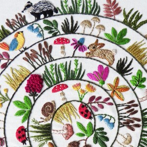 round and round the woodland hand embroidery pattern beautifully presented and created by hand stitching.
