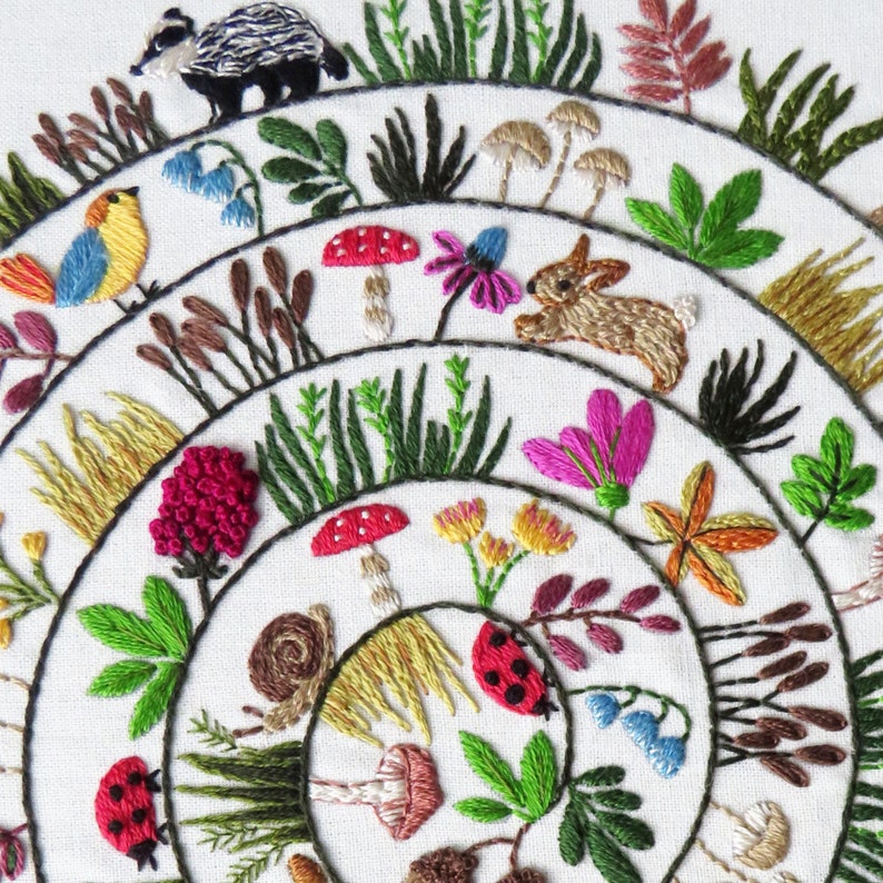 round and round the woodland hand embroidery pattern beautifully presented and created by hand stitching.