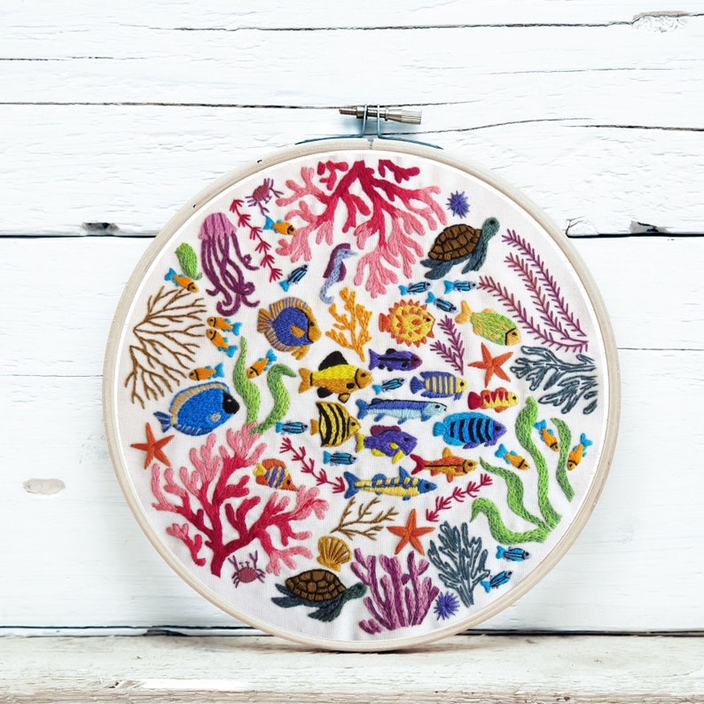 Ocean Wonders, Pre Printed Fabric Panel PLUS Pattern, hand embroidery pattern Active