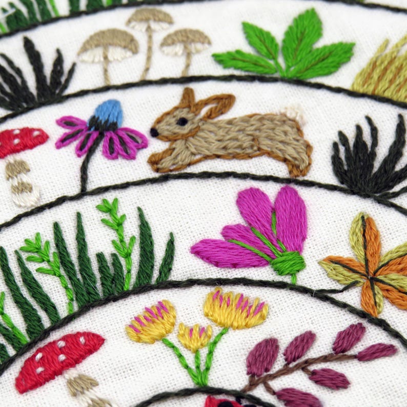 Round & Round the Woodland hand embroidery kit, embroidery fabric, embroidery thread.

Stitch a delightful woodland with birds, woodland creatures, grasses, flowers, mushrooms, berries and leaves! All in a wonderful and whimsical spiral design.