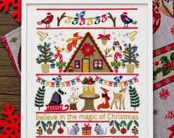 Festive Forest Hand Embroidery Printed Fabric Panel, Beginner Festive Woodland Decoration, Holiday Calendar Gift