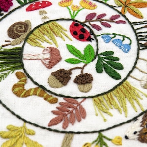 Round & Round the Woodland hand embroidery kit, embroidery fabric, embroidery thread.

Stitch a delightful woodland with birds, woodland creatures, grasses, flowers, mushrooms, berries and leaves! All in a wonderful and whimsical spiral design.