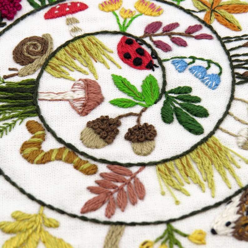 Round & Round the Woodland hand embroidery kit, embroidery fabric, embroidery thread.

Stitch a delightful woodland with birds, woodland creatures, grasses, flowers, mushrooms, berries and leaves! All in a wonderful and whimsical spiral design.