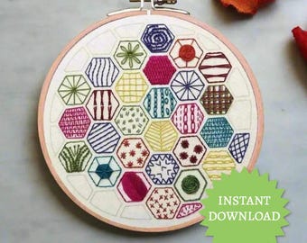 手刺繍パターン、花を咲かせる虫、カラフルな刺繍フープアート、PDF