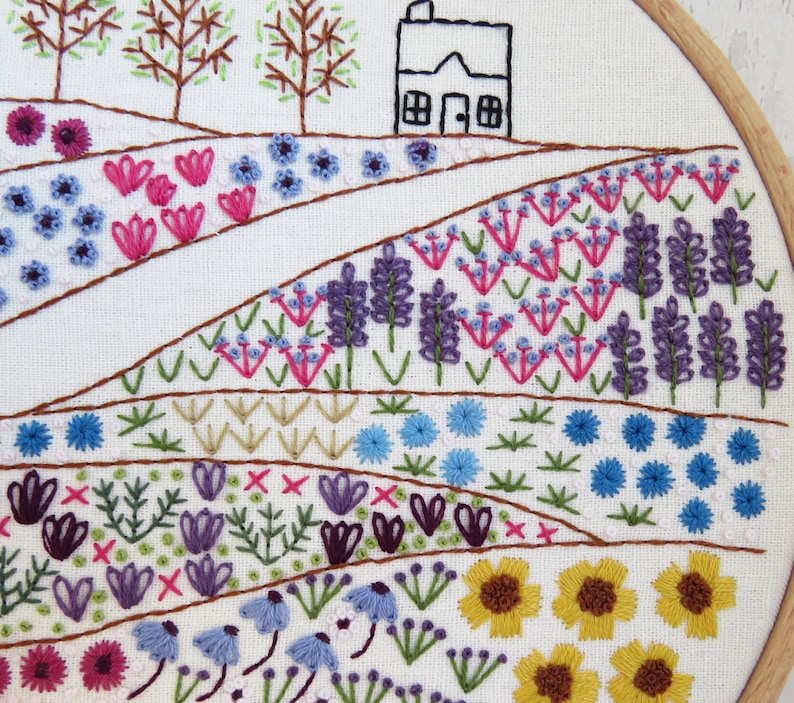 Flower Meadow Cottage hand embroidery needlework pattern