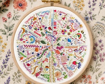 Pode incluir: Um bastidor de bordado circular de madeira contendo um painel de tecido branco com um design de calendário segmentado e colorido. Cada seção representa um mês, rotulado com texto e decorado com pequenos motivos bordados detalhados, como flores, corações e ícones sazonais.