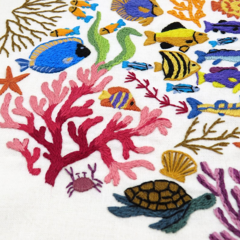 Ocean Wonders – a Stitchdoodles Hand Embroidery Pattern design.

Find yourself in the ocean amongst the fabulous marine life and all the beautiful colours that can be found under the sea. There is so much to explore with this design, and its incredibly fun to stitch. Escape under the sea and watch the design come to life one stitch at a time.