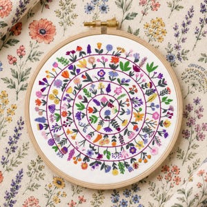 Schema PDF per ricamo a mano "Round & Round the Garden", ricamo floreale, disegno floreale per ricamo a mano, scarabocchi floreali, ricamo per principianti