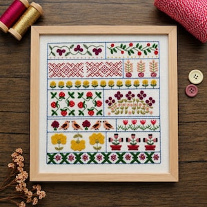 Spring Sampler, Pre Printed Fabric Panel, PDF Hand Embroidery Pattern, Choose Rectangle or Circular Pattern.