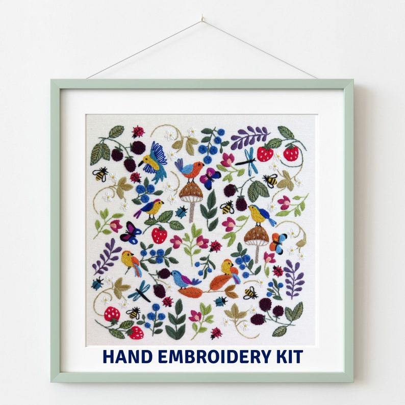 Birds, bugs and Berries hand embroidery Kit, Pre printed embroidery fabric, hand embroidery supplies, choose the kit that suits you