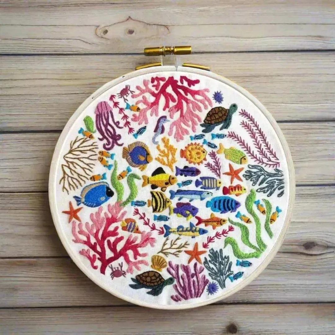 海の驚異の手刺繍パターン、PDF 刺繍パターン、熱帯魚の刺繍