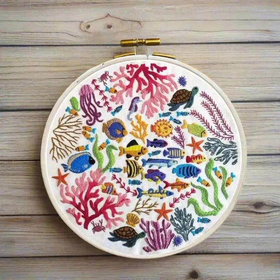 海の驚異の手刺繍パターン、PDF刺繍パターン、熱帯魚の刺繍