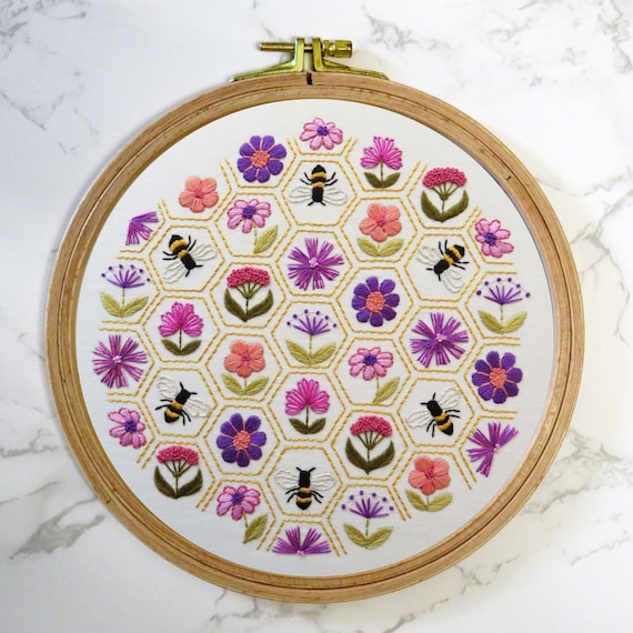 Flower Hive Hand Embroidery Kit, Pre Printed Embroidery Fabric