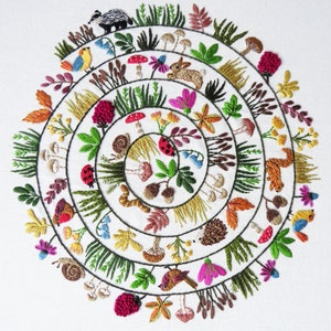 round and round the woodland hand embroidery pattern beautifully presented and created by hand stitching.