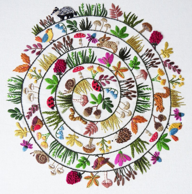 round and round the woodland hand embroidery pattern beautifully presented and created by hand stitching.