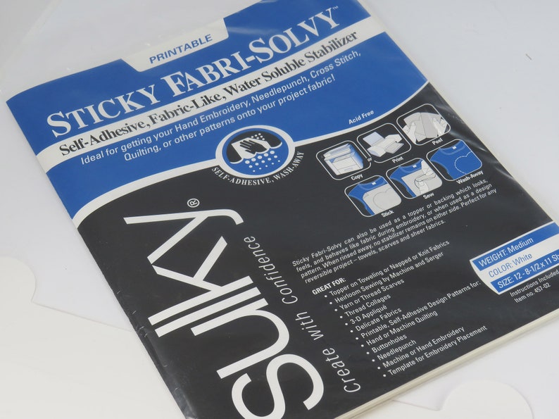 Sulky Sticky Fabri Solvy water soluble stabiliser. 1 sheet of Embroidery transfer paper, hand embroidery, stabiliser Active