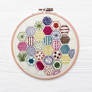 Hand embroidery pattern, Hexagon Sampler, PDF Embroidery Pattern, Embroidery Sampler, Learn 20 hand embroidery Stitches, modern embroidery Active