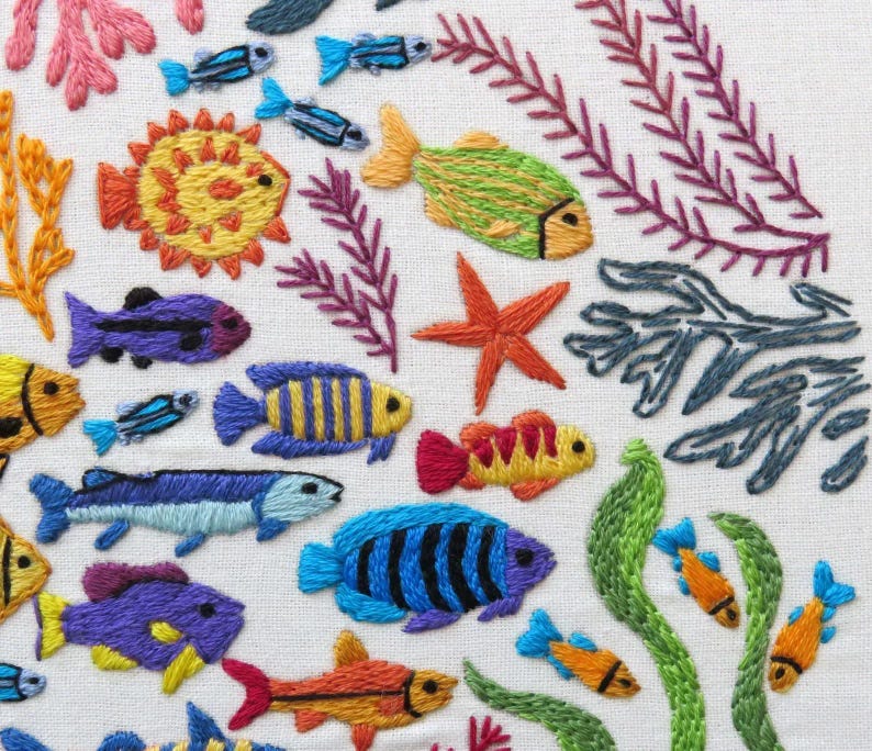 Ocean Wonders, Pre Printed Fabric Panel PLUS Pattern, hand embroidery pattern image 12