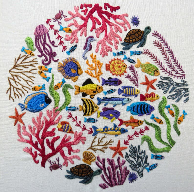 Ocean Wonders, Pre Printed Fabric Panel PLUS Pattern, hand embroidery pattern image 14