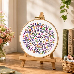 Runt och runt trädgården, förtryckt tygpanel PLUS PDF-mönster, blombroderi, handbroderi med blommor, nybörjarbroderi
