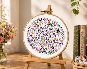 Round & Round the Garden, Pre Printed Fabric Panel PLUS PDF Pattern, flower embroidery, Floral Hand embroidery, beginner embroidery