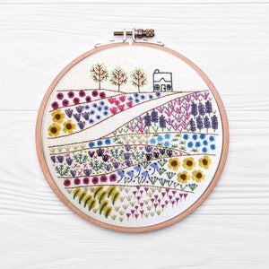 Flower Meadow Cottage hand embroidery Kit, Pre printed embroidery fabric, hand embroidery supplies, Embroidery Hoop Art