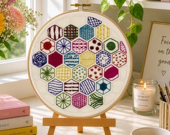 Hexagon Sampler, Pre Printed Fabric Panel PLUS PDF Pattern, Beginner Hand embroidery Project, Learn 20 Hand Embroidery Stitches