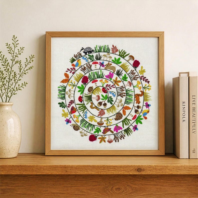 Round & Round the Woodland hand embroidery kit, embroidery fabric, embroidery thread.

Stitch a delightful woodland with birds, woodland creatures, grasses, flowers, mushrooms, berries and leaves! All in a wonderful and whimsical spiral design.